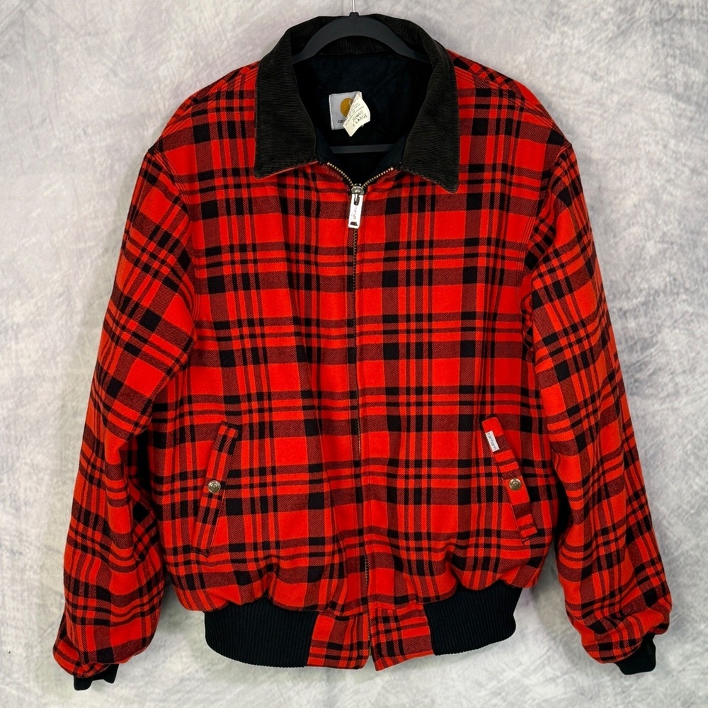 Vtg 90s Carhartt JQW60‎ Plaid Bomber Jacket Mens sz XL Red USA 1993 corduroy